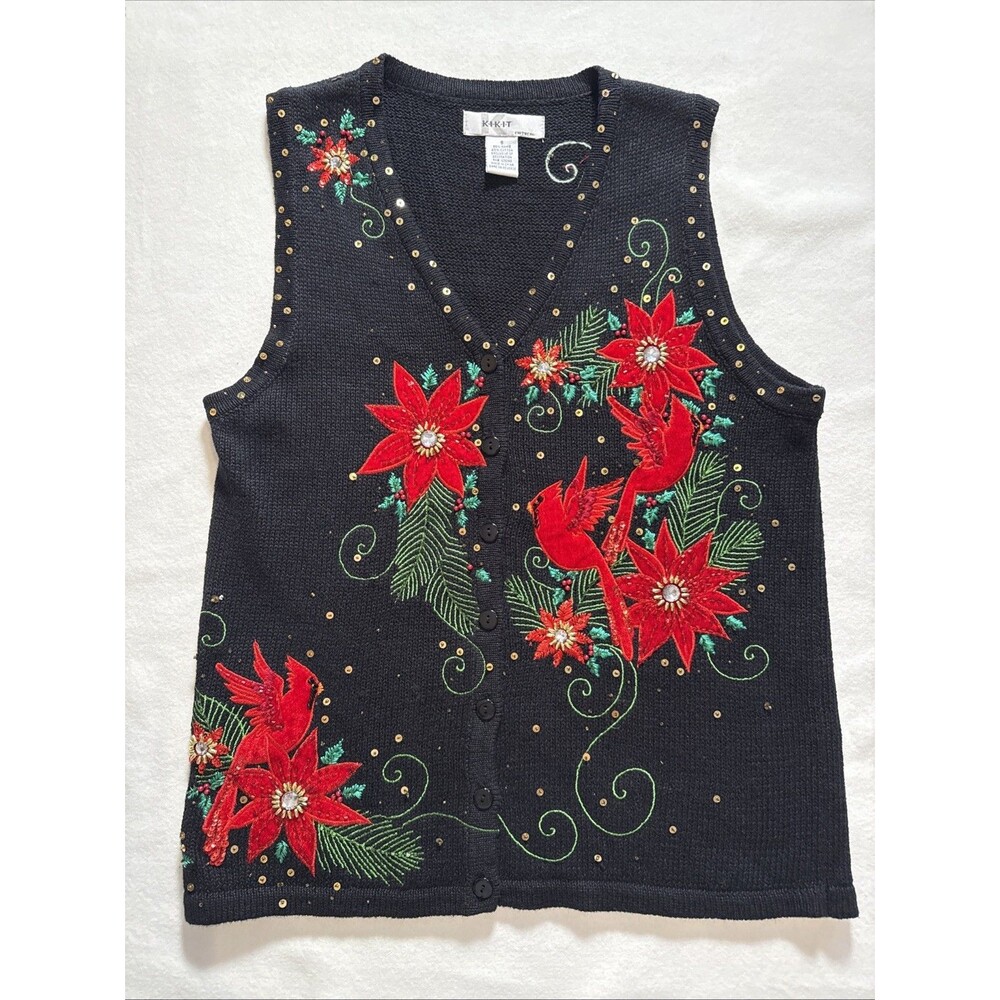 Kikit Christmas Ugly Sweater Vest Black -Red Cardinals Poinsettia Beaded Small